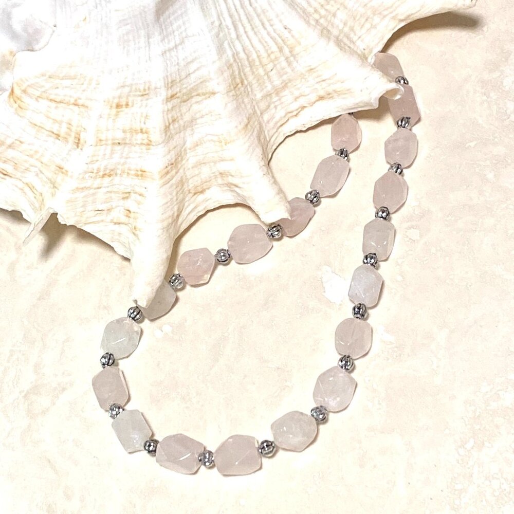 Beaded Diamond-cut Rose Quartz Necklace, Pale Pink Genuine Gemstone Necklace
